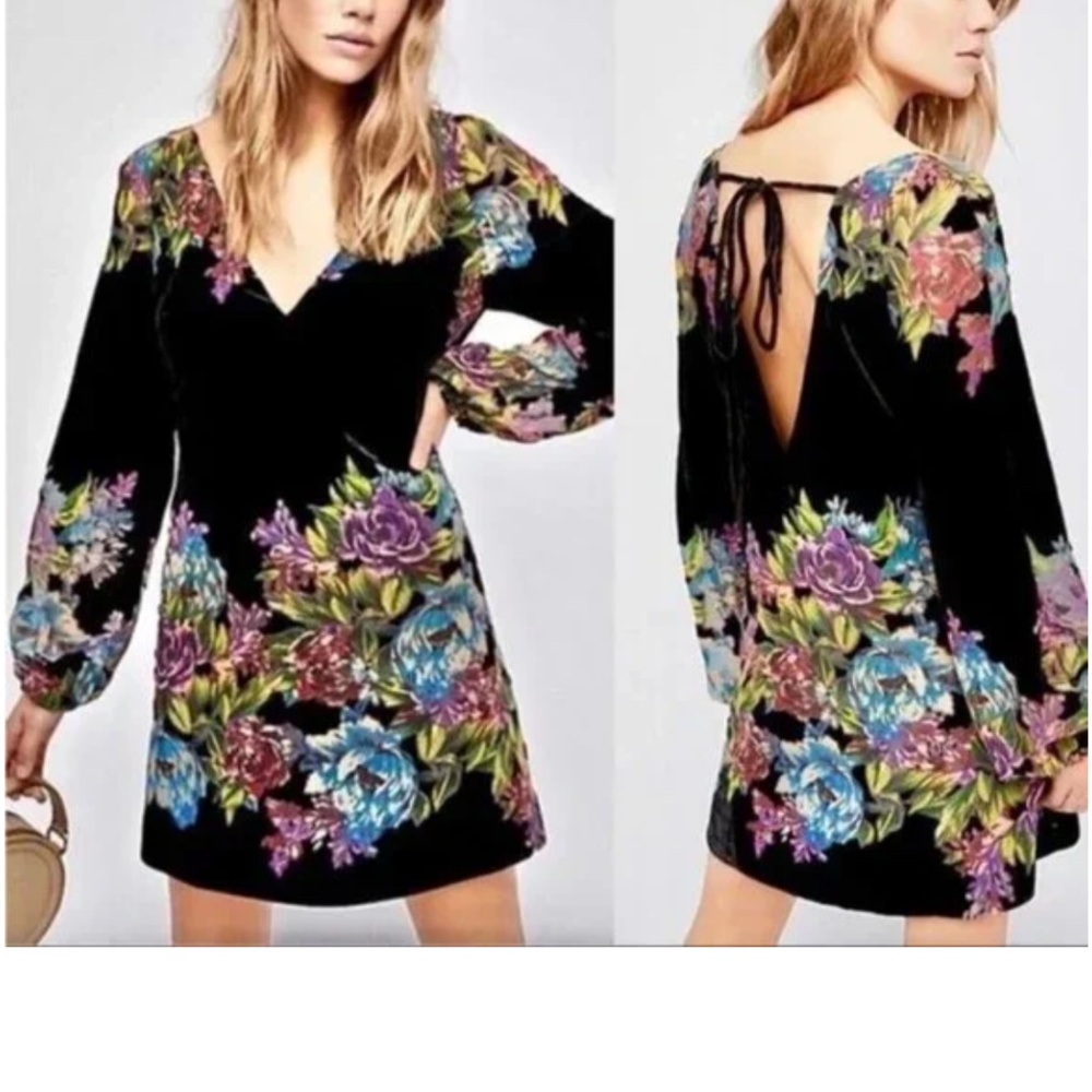 Free People Misha  Velvet Dress Sz XS Black Floral Boho Whimsigoth